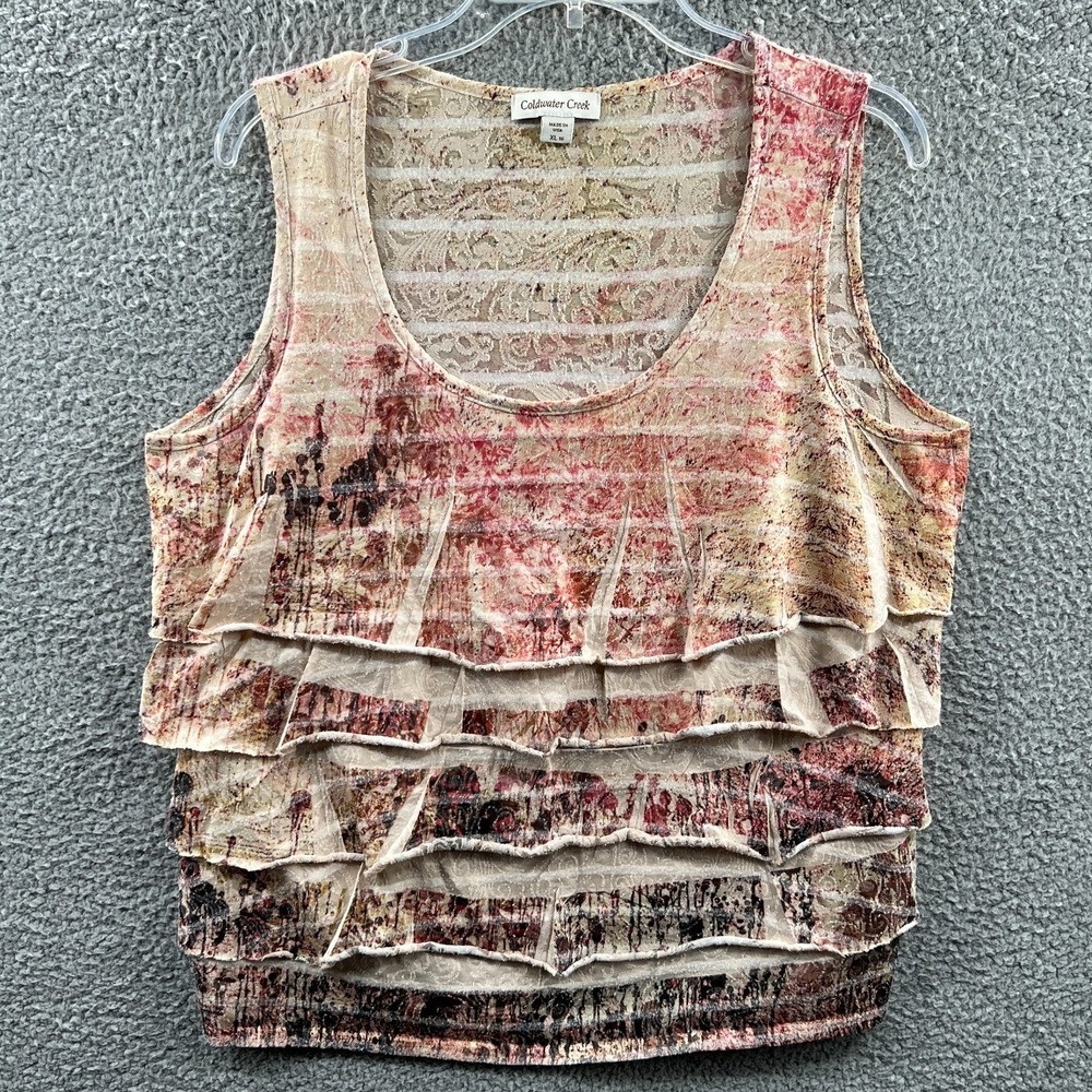 Womens Artsy Indie Tank Top XL Layered Ruffle Flowy Abstract Boho Relaxed Travel